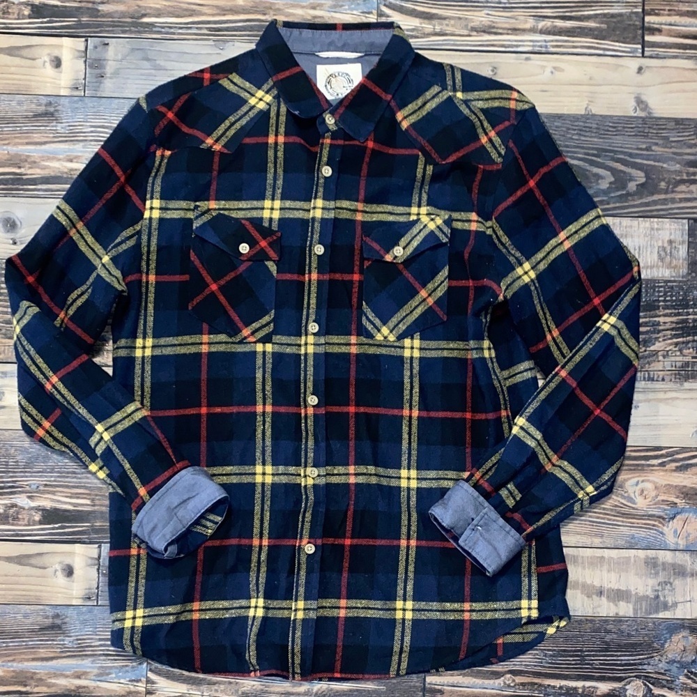 Women's Plaid Flannel Button Down Shirt - Navy, Red, and Yellow